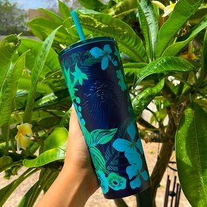 Starbucks Blue Green Tropical Floral Cold Tumbler